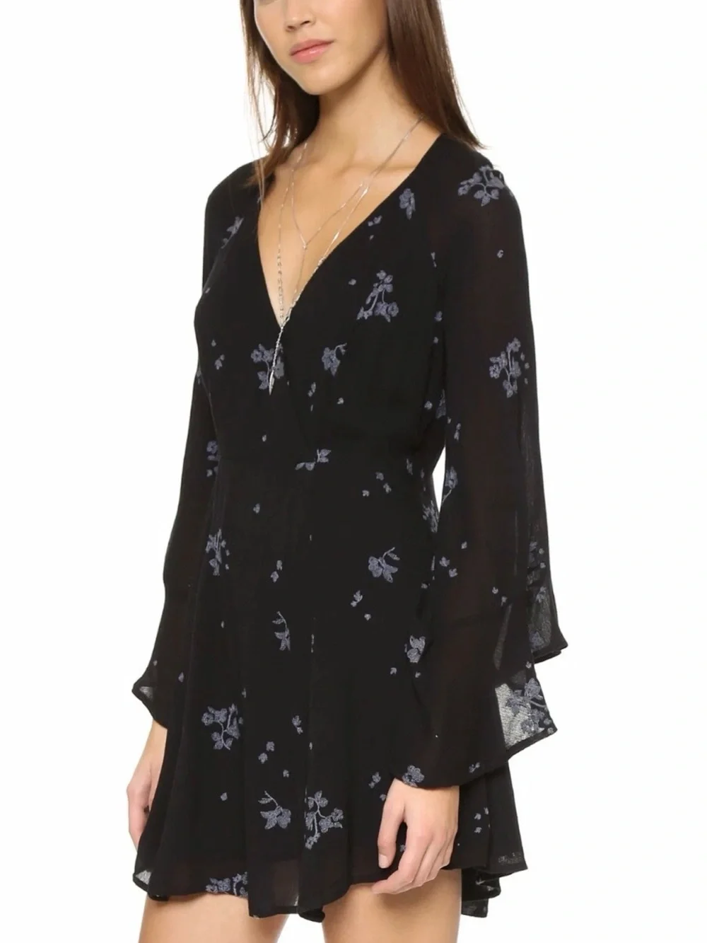Free People Black Floral V-Neck Long Sleeve Jasmine Mini Dress